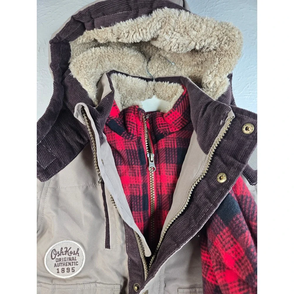 OshKosh Winter Parka Jacket Toddler Boy 4 Tan Plaid Fur Hooded Coat With Beanie